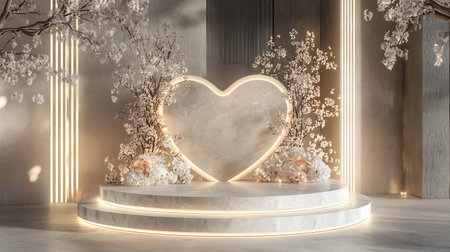 3D rendering of a white marble podium with a heart in the centerの写真素材