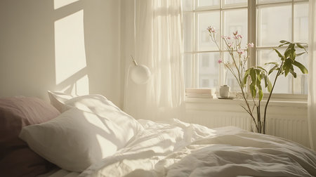 White bed with pink pillows and a vase of flowers in the morning lightの写真素材