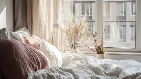 White bedding with pink pillows and a bouquet of dried flowers near the windowの写真素材
