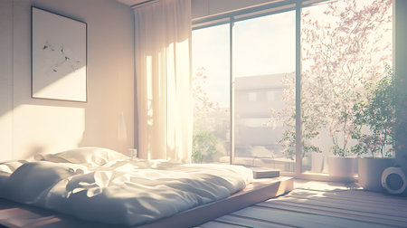 Interior of modern bedroom with white walls, wooden floor, comfortable white bed with pillows, window with flowers. 3d renderの写真素材