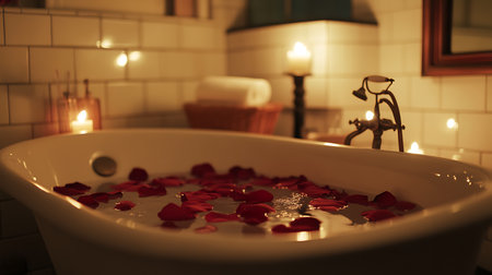 bathtub with rose petals and candles in the background at nightの写真素材