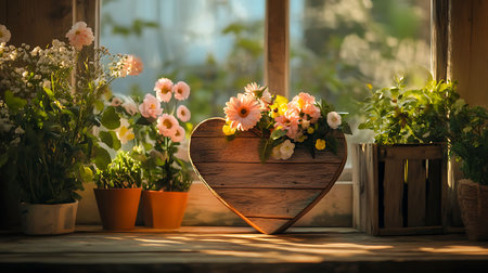 Wooden heart with flowers in a pot on the windowsill.の写真素材