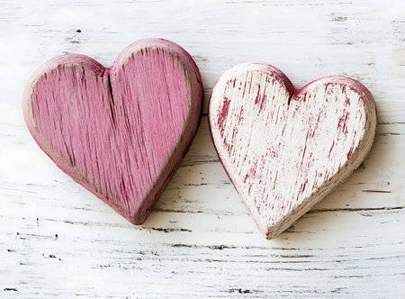 Two wooden hearts on a white wooden background. Valentines day backgroundの写真素材