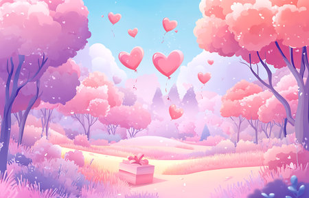 Valentines day background with heart shaped balloons in the forest.の写真素材