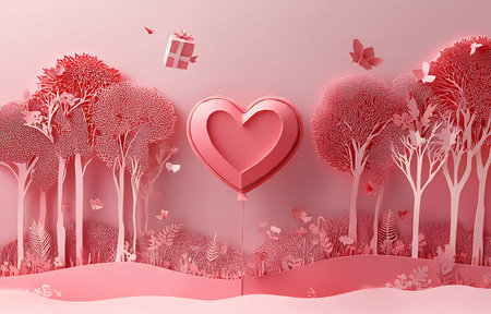 Valentine's Day background with paper art and craft style.の写真素材