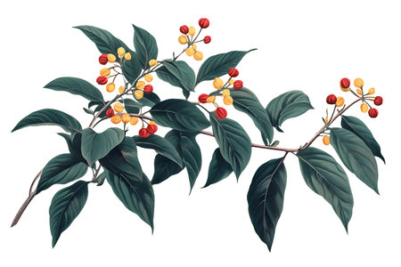 Branch with yellow and red berries isolated on white background. Vector illustration.の写真素材