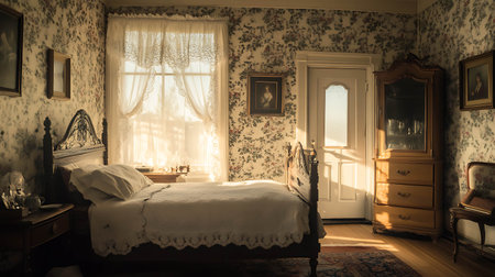 Interior of a vintage bedroom with antique furniture, bed and windowsの写真素材