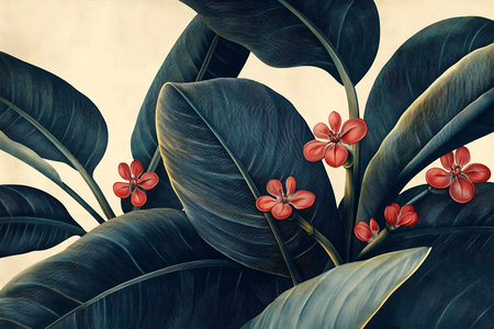 3D rendering of a tropical plant with red flowers on vintage backgroundの写真素材