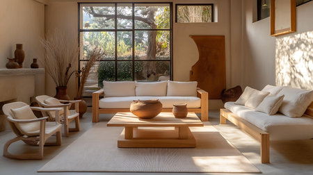 Interior of a living room with a sofa and a coffee tableの写真素材