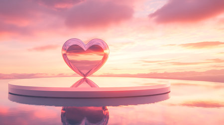 Heart shape on white podium with sunset sky background. 3d renderingの写真素材