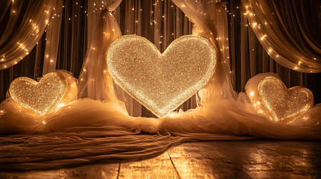 Heart shape on stage with curtain and lights. Valentines day backgroundの写真素材