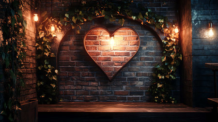 Romantic evening interior with brick wall and wooden heart. 3D Renderingの写真素材