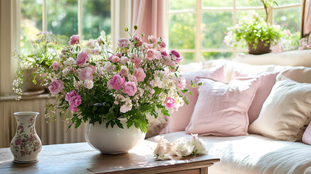 Bouquet of pink roses in a vase on a wooden tableの写真素材