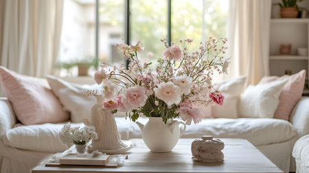 Vase with beautiful flowers on table in living room. Interior designの写真素材