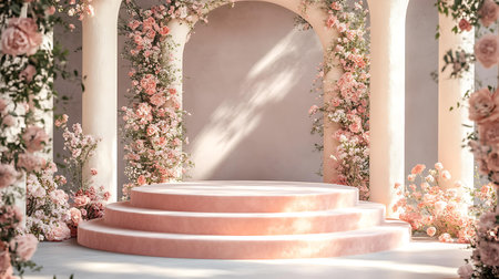 3d render of round podium with pink roses on white background.の素材