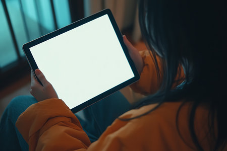 Someone using tablet computer with blank screen at home. Close up.の写真素材
