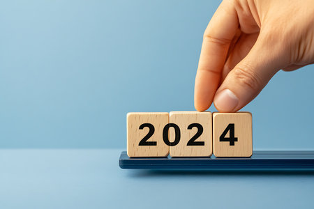 Hand flip wooden cube block with word 2024 on blue background. New year concept.の写真素材