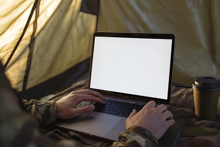Hands typing on laptop with blank screen in camping tentの写真素材