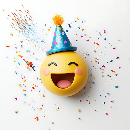 Smiley emoji with party hat and confetti. 3d illustrationの素材