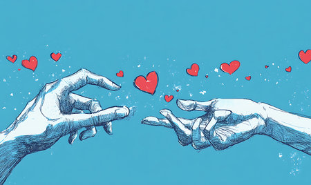 Illustration of two hands holding each other with hearts in the backgroundの素材