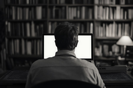 Back view of someone using a laptop with blank screen in the libraryの写真素材