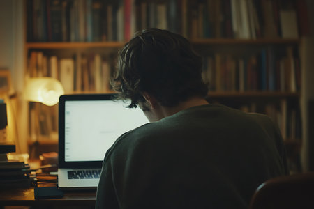 Back view of young man sitting at table and using laptop in libraryの写真素材