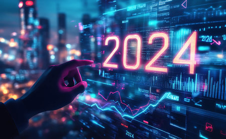 Hand pointing at glowing 2024 numbers with financial data visualization and city backgroundの写真素材