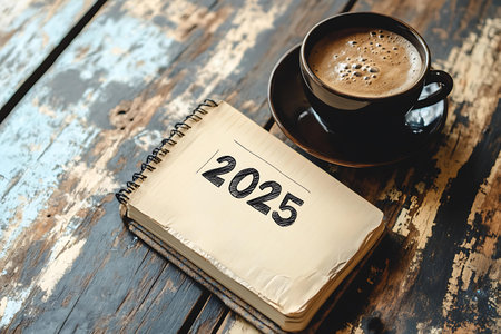 Coffee cup and notebook on wooden table with word 2023の写真素材