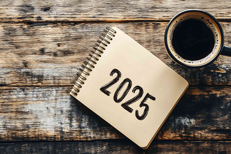 New year 2025 text on notepad with cup of coffee on wooden backgroundの写真素材