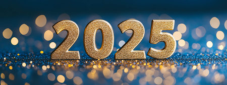 Happy New Year concept. Golden numbers 2025 on bokeh backgroundの写真素材