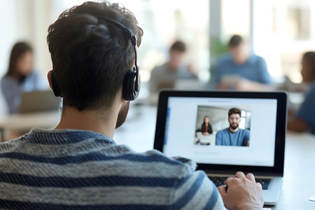 Rear view of young man in headphones using laptop and listening to video call with colleague.の写真素材