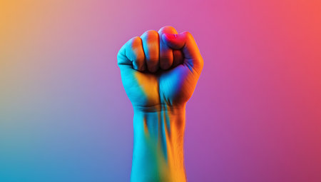 Fist raised in the air on gradient background. Concept of strength, power, protest.の写真素材