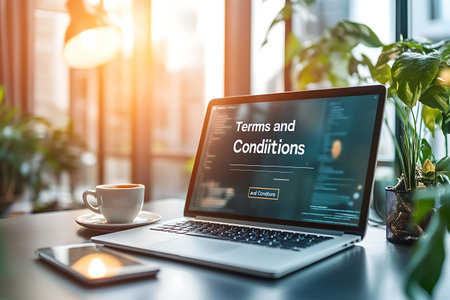 Terms and conditions page displayed on a laptop screen with a coffee cup nearby in a bright setting with plantsの写真素材