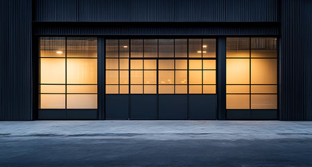 Empty warehouse with glowing windows and concrete floor. 3D Renderingの写真素材