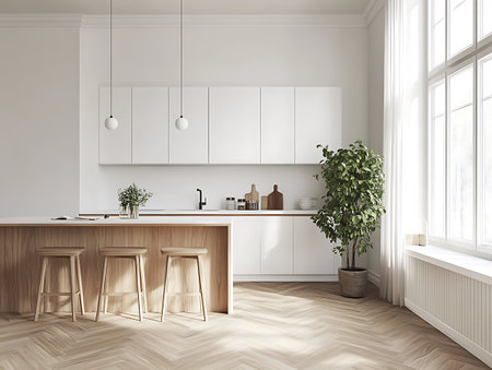 Interior of modern kitchen with white walls, wooden floor, white countertops and wooden bar with stools. 3d renderingの写真素材