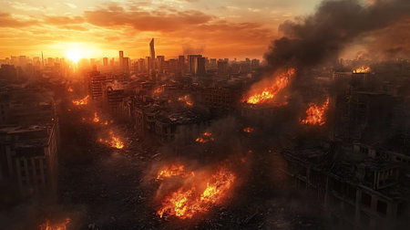 Aerial view of burning city at sunset. 3D rendering.の写真素材