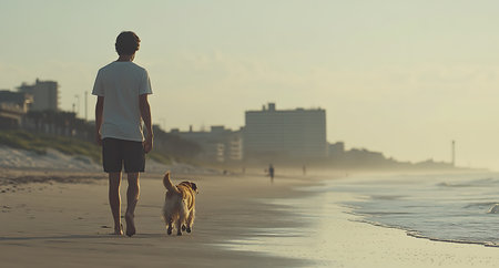 Young man walking with his dog on the beach in the morning.の写真素材