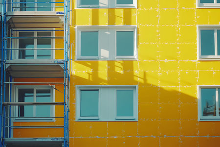 Construction of a multistory building. Yellow facade with blue windows.の写真素材