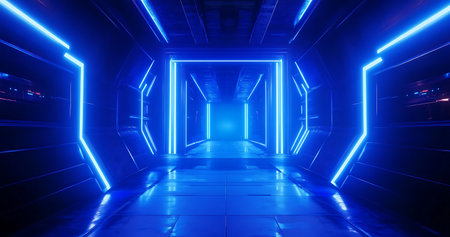 futuristic tunnel corridor with glowing lights 3d rendering wallpaper backgroundの写真素材