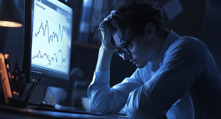 Stressed young businessman working late at night in office. Toned imageの写真素材