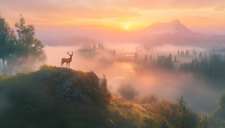 Majestic sunset in the mountains landscape with red deer and fog.の写真素材