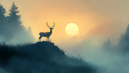 Silhouette of a deer in the morning fog. 3d renderの写真素材