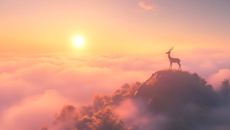 Silhouette of deer on top of mountain with foggy sunriseの写真素材