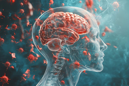 Human brain and virus cells. 3D illustration. Conceptual imageの写真素材