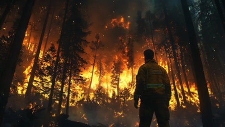 firefighters extinguish a fire in the forest, wildfire in the forestの写真素材
