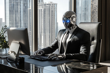 Cyborg sitting at his desk in an office. 3d rendering.の写真素材