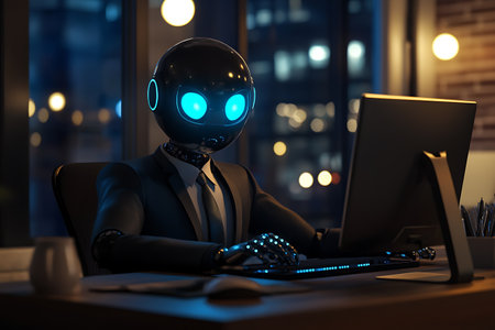 Cyborg working late at night in office with computer. 3d renderingの写真素材