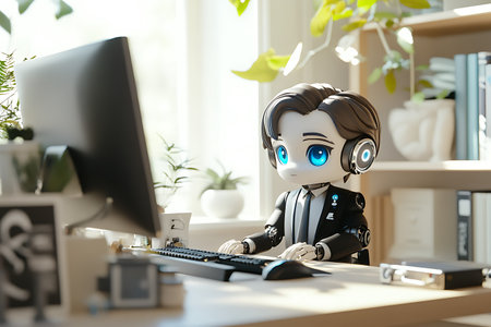 Cute robot sitting at desk in office and working on computer.の写真素材