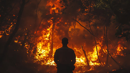 Silhouette of a man in front of a forest fire.の写真素材