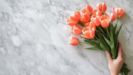 cropped shot of woman holding bouquet of tulipsle surfaceの写真素材